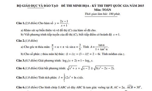 Đề thi minh họa THPT quốc gia 2015 môn Toán