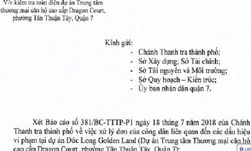 TP HCM kiểm tra toàn diện dự án Đức Long Golden Land ở quận 7