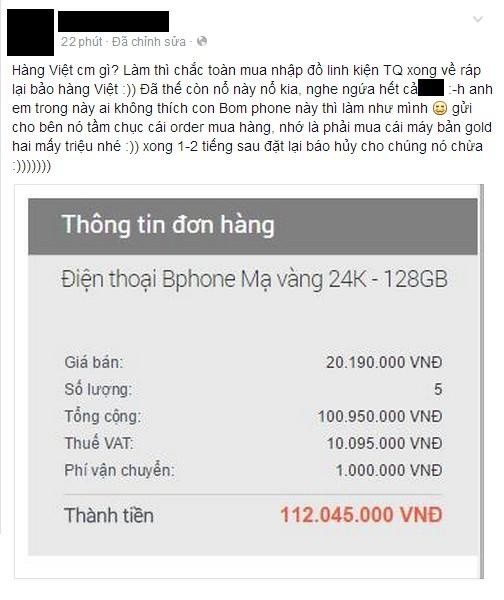 Đặt mua một đống Bphone mạ vàng rồi huỷ để mua vui