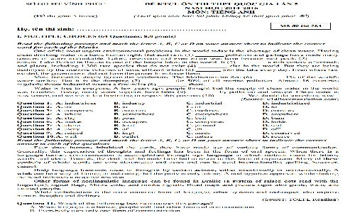 Đề thi thử THPT quốc gia môn Tiếng Anh tỉnh Vĩnh Phúc 2015