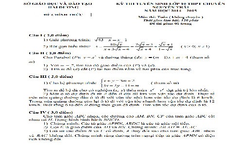Đề thi vào lớp 10 môn Toán THPT chuyên Nguyễn Trãi năm 2014