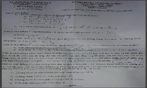 Đề thi tuyển sinh vào lớp 10 môn Toán toàn tỉnh Cần Thơ ngày 8/6