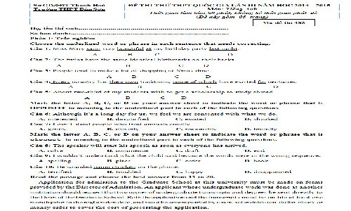 Đề thi thử THPT quốc gia 2015 môn Tiếng Anh THPT Bỉm Sơn lần 3