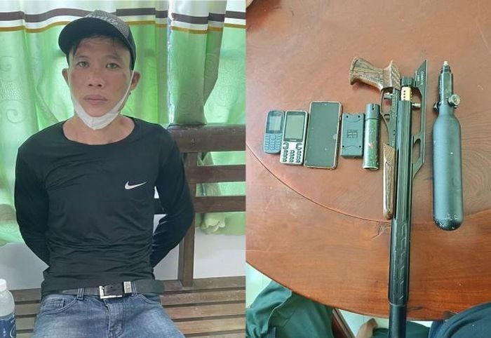 Đối tương Đinh Ngọc Lê Hoàng Anh cùng vũ khí bị thu giữ. doi-tuong-dinh-ngoc-le-hoang-anh-cung-vu-khi-bi-thu-giu.jpg