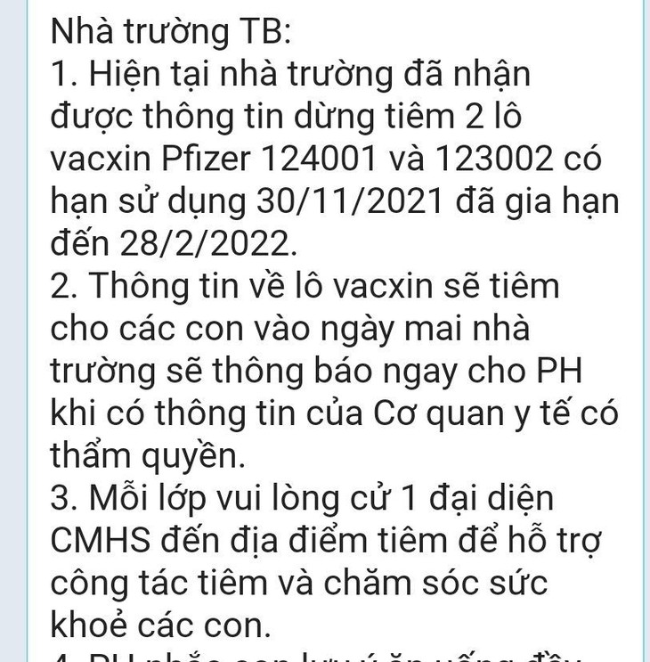 Thông báo của cô Nam gửi tới các phụ huynh vào tối 30/11, chuẩn bị cho ngày tiêm hôm nay. dung-tiem-vac-xin.jpg