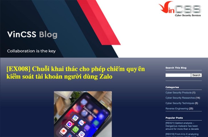 Bài nghiên cứu về chuỗi khai thác trong ứng dụng Zalo được đăng tải trên blog của VinCSS. an-toan-thong-tin.jpg