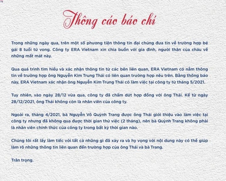 Thông báo của công ty ERA Vietnam chấm dứt hợp đồng với ông Nguyễn Trung Kim Thái từ ngày 28/12. bo-be-gai-bi-bao-hanh-cho-thoi-viec.jpeg