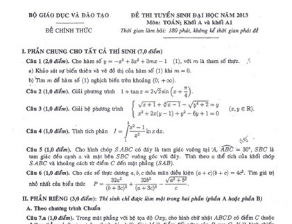 Gợi ý giải đề thi môn Toán khối A và A1 2013