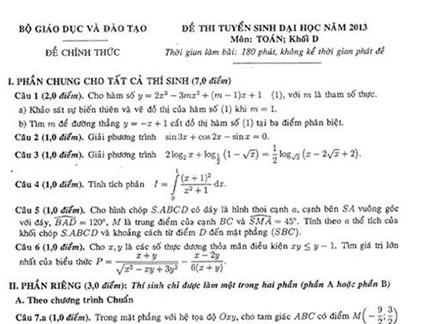 Gợi ý đáp án môn Toán khối D năm 2013
