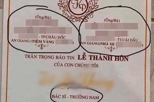 Thiệp cưới có 1-0-2 ghi đầy đủ gia thế cô dâu - chú rể