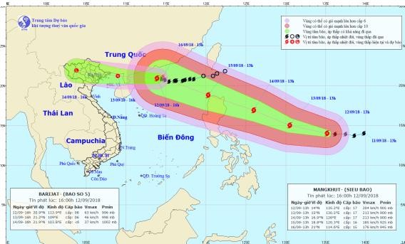 Bão số 5 suy yếu, siêu bão Mangkhut giật cấp 17 hướng vào Bắc Biển Đông