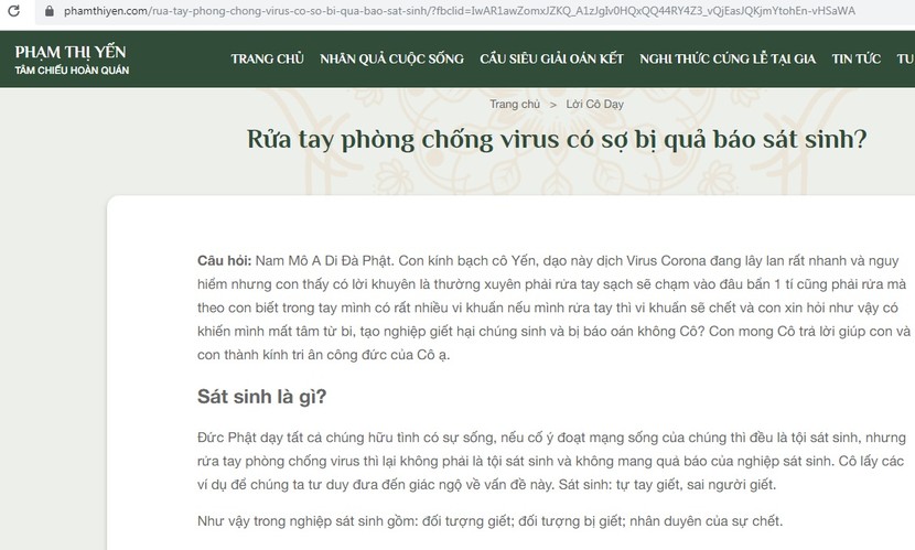 Website bà Phạm Thị Yến gây sốc với câu hỏi: "Rửa tay phòng chống virus có sợ bị quả báo sát sinh?"