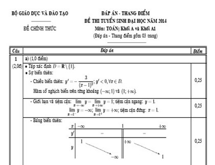 Đáp án chính thức của Bộ GD&ĐT các khối A, A1, V