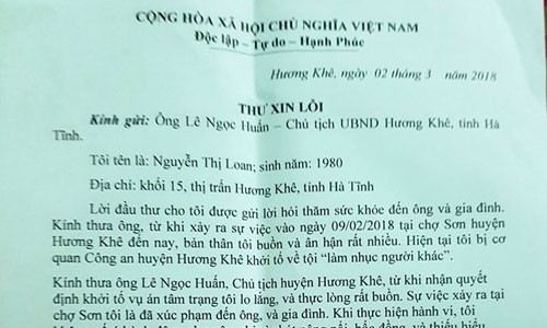 Nữ tiểu thương hắt tiết lợn gửi thư xin lỗi Chủ tịch huyện