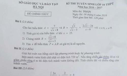 Đề thi và lời giải môn Toán thi vào lớp 10 tại Hà Nội