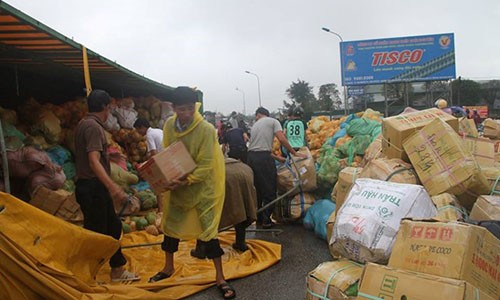 Ảnh: 30 tấn dừa đổ ra đường sau tai nạn không mất một trái