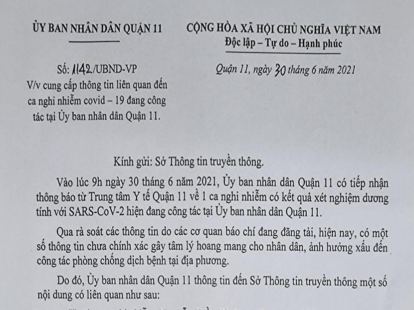 Quận 11 thông báo về ca nghi nhiễm là cán bộ UBND quận