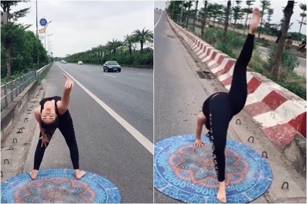 Trải thảm tập yoga trên đường cao tốc, cô gái khiến netizen hoảng hồn