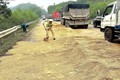 Cảnh sát giao thông Nghệ An xúc cát ngăn dầu loang trên quốc lộ