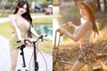 Ngượng đỏ mặt hot girl xinh đẹp mặc hở táo bạo khi đạp xe