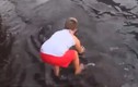 Bé trai thản nhiên chơi đùa với cá đuối trước biển