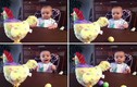 Em bé vui sướng khi thấy gà đẻ trứng sắc màu