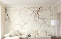Phòng khách ngập sắc xuân với giấy dán tường hoa đào