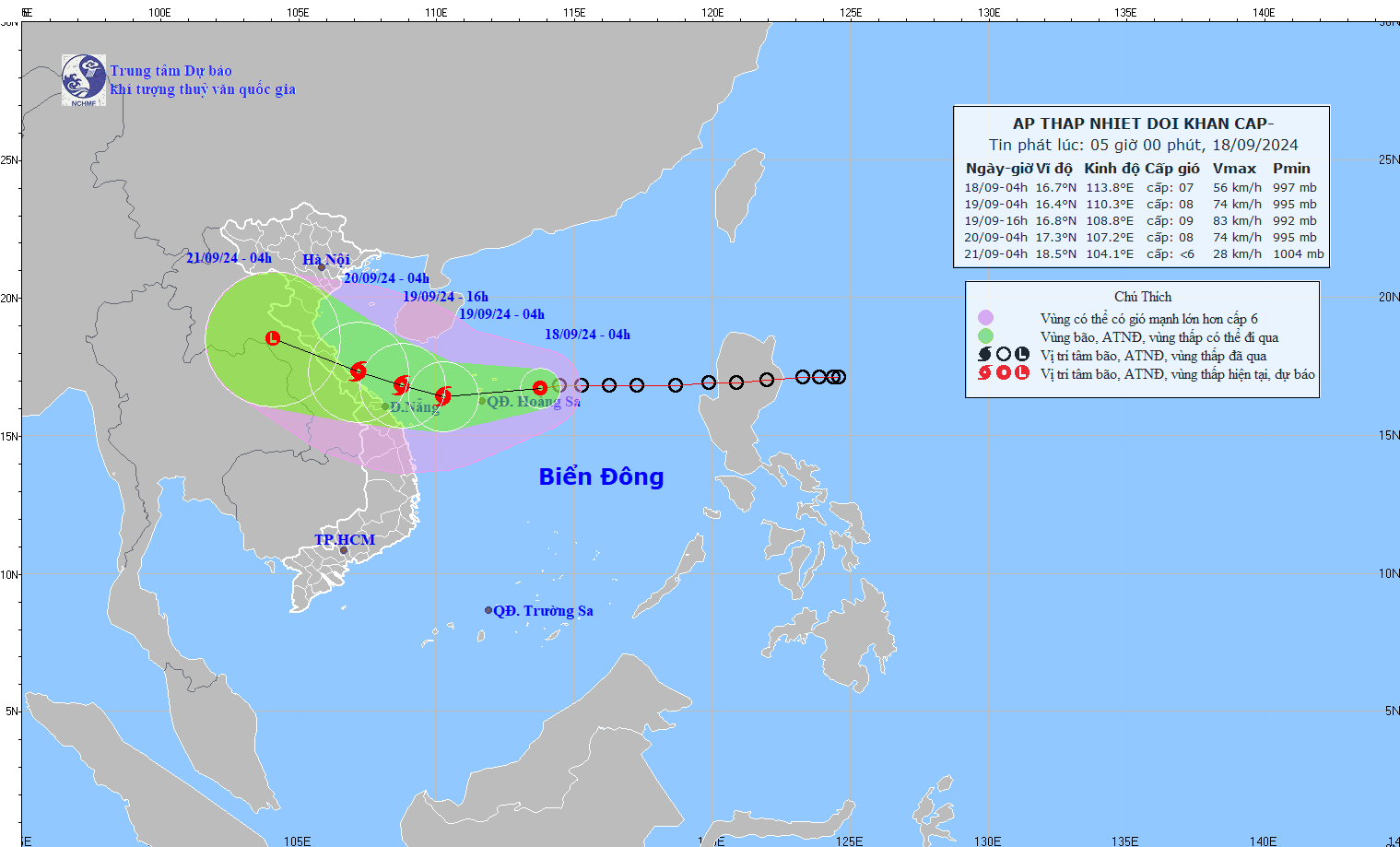 Áp thấp nhiệt đới cách quần đảo Hoàng Sa khoảng 230km