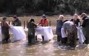 Nhà hàng cho thực khách vừa lội nước vừa ăn hàu trên sông