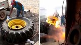Video: Thợ sửa xe sợ xanh mặt khi lốp xe phát nổ như bom