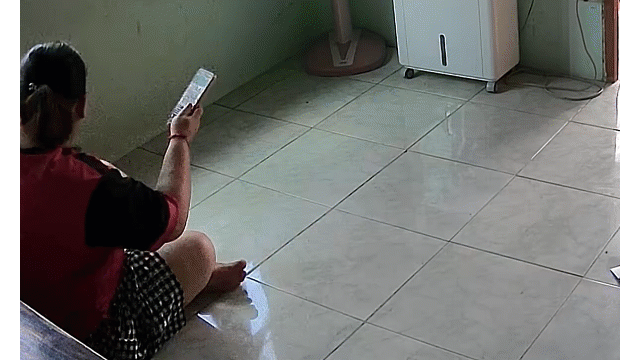 Cô gái bị rắn trườn quanh chân khi ngồi dưới nền nhà xem điện thoại