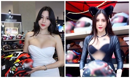 View - 	Đứng bán mũ bảo hiểm hot girl mặc o ép vòng một ngoại cỡ