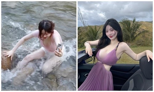 View - 	Ngã giữa suối hot girl siêu vòng một gây chú ý