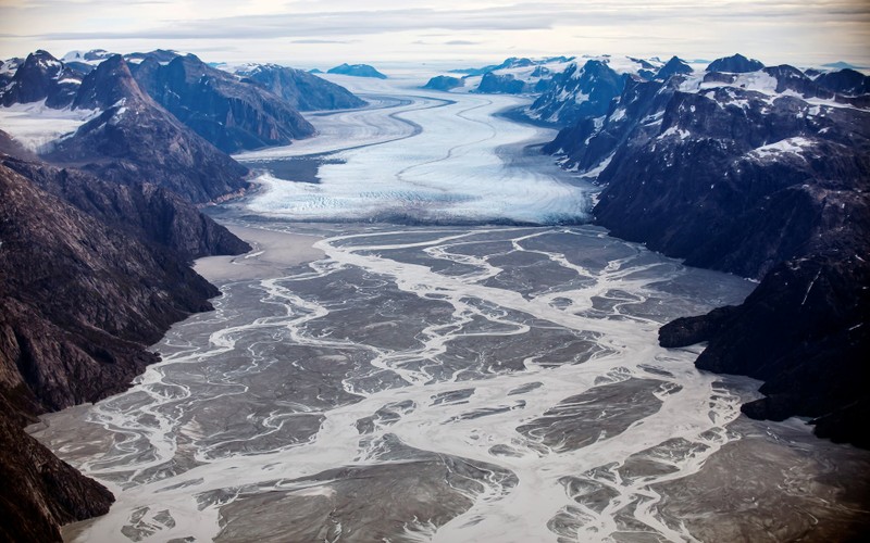 The melting Sermeq glacier, located around 80 km south of Nuuk, is seen