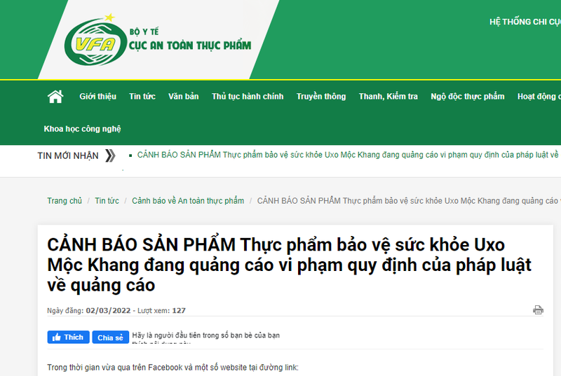 Canh bao ve thong tin quang cao san pham TPBVSK Uxo Moc Khang