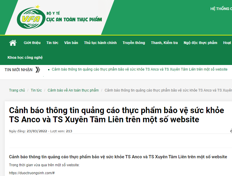 Canh bao ve thong tin quang cao san pham TPBVSK TS Xuyen Tam Lien