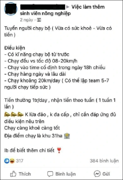 Ky la chuyen tuyen nguoi chay bo 1 trieu dong/ngay, nhan tien lien tay