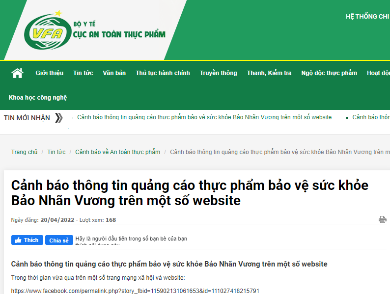 Canh bao ve thong tin quang cao san pham TPBVSK Bao Nhan Vuong