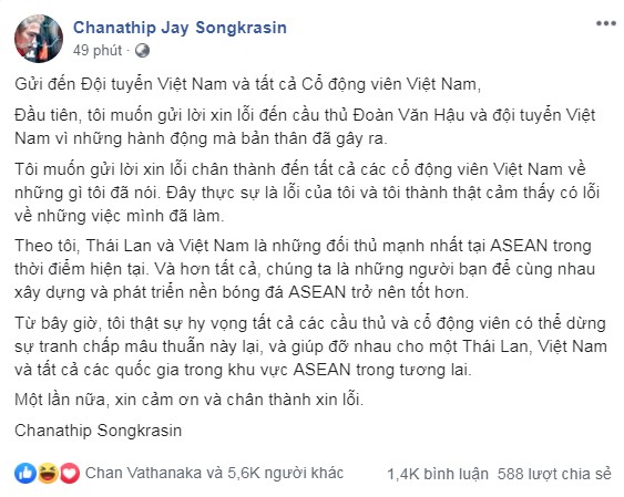 Messi Thai Lan viet thu tieng Viet xin loi Van Hau va DTQG Viet Nam