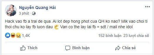 Bi hack Facebook, Quang Hai lo tin nhan yeu duong nhay cam?