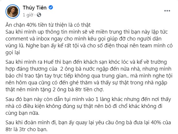 Thuy Tien “xu dep” mot nguoi phu nu an chan tien tu thien cua dan vung lu