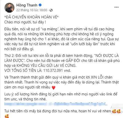 Hong Thanh mat hon 110 trieu hoan tien ve 