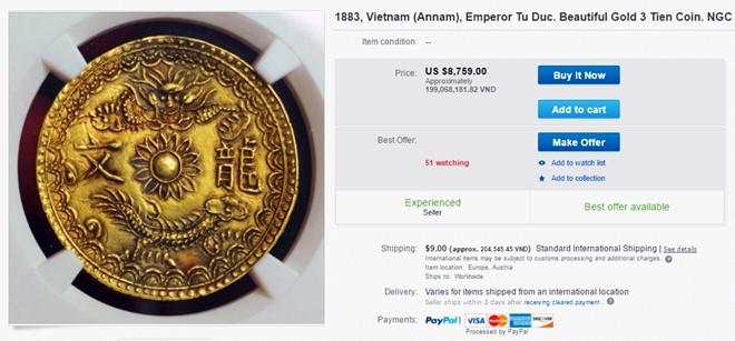 Dong xu vang thoi vua Tu Duc sieu dat do tren eBay