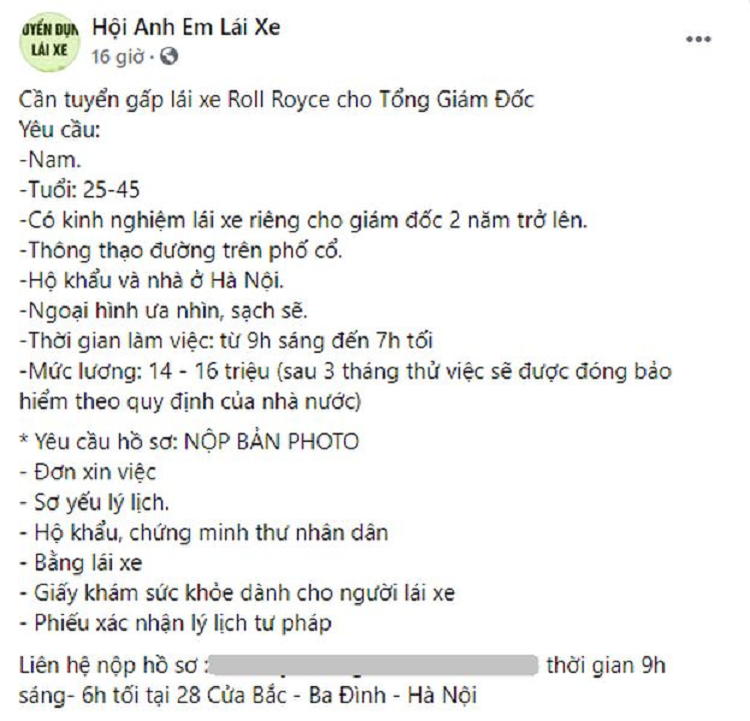 Dai gia Ha Noi tuyen tai xe Rolls-Royce, luong 14 trieu co “beo“?