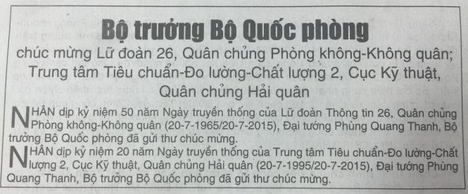 Bo truong Phung Quang Thanh gui thu chuc mung hai DV quan doi