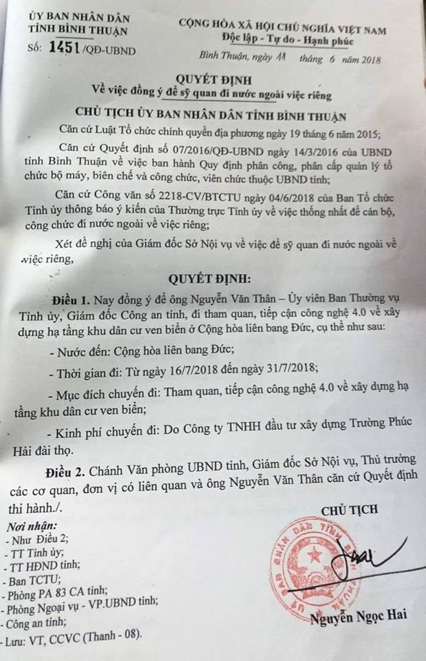 Giam doc cong an di Duc “hoc tap“: Chu tich Binh Thuan noi gi?