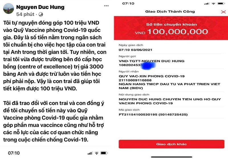 Con trai duoc hoc bong, bo chuyen 100 trieu vao Quy Vaccine