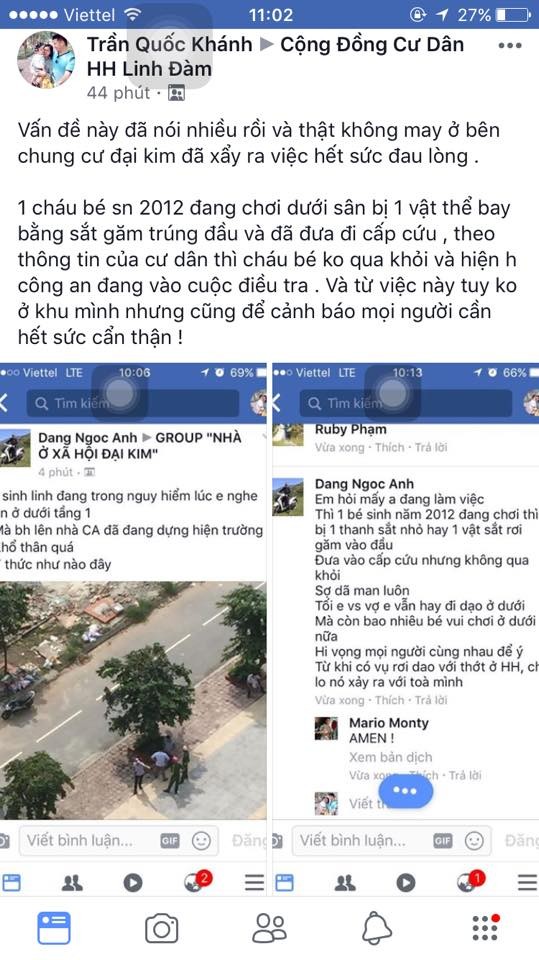 Ha Noi: Vat la o chung cu Dai Kim roi xuong khien be gai trong thuong