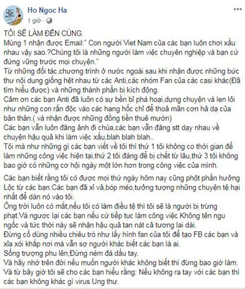 Ho Ngoc Ha tuyen bo khong dung tha cho antifans vi bi noi xau