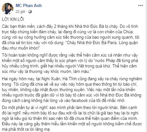 Vu chay rung o Ha Tinh: Vi sao MC Phan Anh phai xin loi?